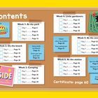 Inhaltsverzeichnis mit Wochenaktivitäten. Beispiel: "Week 1: At the park", Tag 1-4, Seite 6-12. Zertifikat: Seite 60.