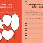 Linke Seite: "5 things I liked about being 5." Rechte Seite: "7 things I want to do before I am 7." Mit Ballons und Linien.