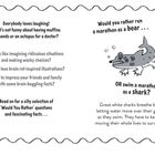 Auf zwei Seiten stehen humorvolle Fragen und Fakten, mit einem illustrierten Tier, das halb Bär, halb Hai ist.