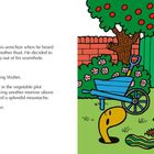 Links steht Text über Walter in seiner Gartenarbeit. Rechts eine bunte Illustration mit Figur, Gemüse und Garten.