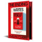 "THE ENDING WRITES ITSELF" steht groß auf dem roten Buchcover. Unten: "EVELYN CLARKE". Ein Stift mit Tinte als Grafik.