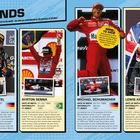 FORMULA 1 LEGENDS. Vier Fahrer, jeder in Siegerpose: Vettel, Senna, Schumacher, Hamilton. Texte zu Geburtsdaten und Erfolgen.