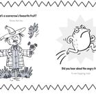 Zwei Witze. Links: Ein Vogelscheuchen-Witz. Rechts: Eine verärgerte Frosch-Illustration mit Spruch darunter.