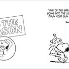 Text: "'TIS THE SEASON" und "One of the great joys in life is going into the woods, and cutting down your own Christmas tree." Snoopy.

Illustration: Snoopy trägt einen kleinen Weihnachtsbaum, während eine andere Figur ihn begleitet.