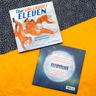 Zwei Buchcover: "The Gallaudet Eleven" und Text über NASA's Gehörlose Astronauten. Hintergrund: Sterne und Gelb.