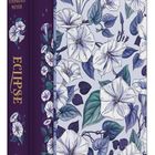 "Stephenie Meyer, Eclipse, Little, Brown." Ein Buch mit violettem Einband, verziert mit weißen Blumen und Blättern.