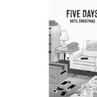 „Five Days Until Christmas“. Eine Illustration eines gemütlichen Zimmers mit Sofa, Lampe, Kartenspiel und Weihnachtsdekoration.