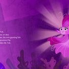 Links steht Text: Mr. Fish und Pip suchen den Wunschfisch Shimmer. Rechts eine leuchtend lila-rosa Fisch-Illustration.