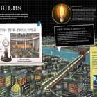 "Light Bulbs" und andere Texte erwähnen die Erfindung und Entwicklung der Glühbirne. Stadtansicht bei Nacht.