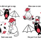Seite 6: Sam ist traurig, weil er keine Kappe hat. Katze mit roter Kappe. Seite 7: Max sieht eine Dose. Kater gibt sie Sam.