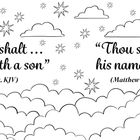 Zitate: „Thou shalt... bring forth a son” (Lukas 1:31, KJV) und „Thou shalt call his name Jesus” (Matthäus 1:21, KJV). Viele Wolken und Sterne.