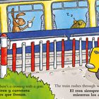 Illustration: Ein Zug passiert einen Bahnübergang, während ein Hund in einem gelben Auto wartet.