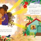 Zwei Texte: „Don't be sad“ und „Would you like to make a rainbow?“. Illustration von einer Frau und einem Kind in einem Garten.