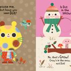 „Excuse me, but have you seen Dot?“, „Is Dot in the snow?“. Bunte Illustration mit Schneemann und Tierfiguren.