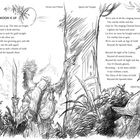 Text beginnt mit "THE MOON IS UP." Illustration zeigt eine Figur mit Schwert, die auf ferne Gebäude schaut, umgeben von Pflanzen.