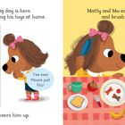 Texte im Bild: „At last, the big day is here.“ „Shh! Tee hee!” Illustration: Zwei Hunde, Frühstück am Tisch. Einer bürstet die Ohren.