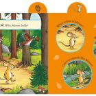 "It's Mouse. Why, Mouse, hello!" Links Waldszene mit Maus, Bäumen, Vögeln; rechts Maus mit Nuss und orangefarbenem Hintergrund.