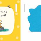 „Is he drinking at the pool?“ Illustration eines Tieres am Wasser und eine Biene. Rechts blaues Element mit Libelle und Vogel.