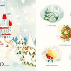 Texte: "Once upon...", "a silent night", "a merry snack time"

Illustration eines verschneiten Schlosses und winterlicher Szenen.