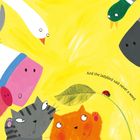 „And the ladybird said never a word.“ Tiere mit großen Augen schauen auf einen Marienkäfer auf einem Blatt.