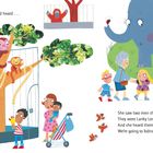 "But the ladybird saw, and the ladybird heard..." Illustration mit Tieren, Kindern und einem Elefanten im farbenfrohen Stil.