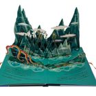 Text: Worte über Kometen und Stelzen. Illustration eines Ozeans, in dem Figuren auf Stelzen über Wasser mit Inseln und Bergen gehen.