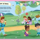 "Easter is here. Flowers are starting to bloom, and baby animals are everywhere. Add stickers to this springtime scene!"  
Kinder spielen draußen, ein Eiswagen und eine fröhliche Landschaft im Frühling.