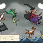 „Who chased the witch?“ zeigt eine Hexe auf einem gebrochenen Besen, fliegende Tiere, Berge und einen roten Drachen.