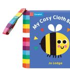 "My Cosy Cloth Book" und "Jo Lodge" sind auf einem blauen Stoffbuch mit farbenfroher Biene angepasst.