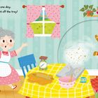 Text: "An old woman was baking at home one day. When a gingerbread man leapt right off the tray!” Illustration: Eine ältere Frau schaut überrascht zu, wie ein Lebkuchenmann vom Tisch springt.