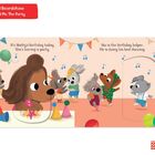 Text oben: "It's Matty's birthday today. She's having a party. Mo is the birthday helper. He is doing his best dancing." Tiere feiern fröhlich mit Partyhüten, Luftballons und Musiknoten im Hintergrund. Bunte Girlanden schmücken die Szene.