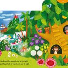 Text: "Together they flew to Neverland, past the second star to the right, where mermaids swim and Lost Boys hide in tree trunks."

Eine bunte Illustration mit fliegenden Figuren, Meerjungfrauen, einem Baumhaus und vielen Tieren in einer lebendigen Landschaft.