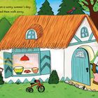 Text: "The brown bears left their cottage on a sunny summer's day." Illustration: Ein Bärenfamilie verlässt ein Haus.