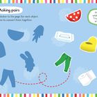 "Making pairs. Practice pulling your underwear up and down." Eine bunte Illustration mit Formen und Objekten.
