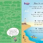 Text: "How to use this book," "SPOT AND NAME," "TALK AND SHARE," "THINGS TO DO." Illustration einer Strandszene mit Leuchtturm.