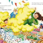 Text: Es handelt von einem Windstoß auf den Kuchen einer Party.  
Illustration: Buntes, chaotisches Fest mit entsetzt wirkenden Gästen.