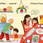 Links steht: "We receive gifts, and then ... surprise!" Rechts: "A feast of treats in every size." Familienmahlzeit mit festlicher Dekoration.