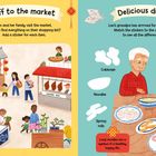 Linke Seite: "Off to the market", Shopping-Liste mit Bildern.  
Rechte Seite: "Delicious dishes", Großvater, Kind und Speisen.