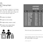 "Task 4: Taking Flight" und "AIRPORT DEPARTURES". Text gibt Hinweise zur Ermittlung eines Reiseziels und zeigt Abflugzeiten.