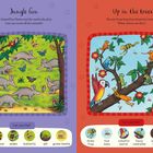 Links oben: "Jungle fun". Rechts oben: "Up in the trees". Illustrationen von Tieren, Bäumen und Blumen in lebhaften Farben.