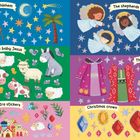 Bethlehem: Sternenhimmel mit Komet. Schäfchen, Kühe, Esel. Hirten, Könige, Engel mit Glitzerflügeln. Sticker, Krone.