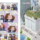 Links: Dialoge über Familie und Beziehungen. Rechts: Illustration eines großen Gebäudes in einer belebten Stadt.