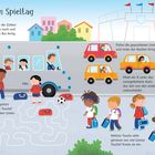 "Anreise am Spieltag" in kindlicher Illustration. Aufgaben: Zahlen verbinden, Unterschiede finden, Linien folgen. Kinder, Bus, Autos.