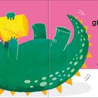 Illustration eines grünen Drachens auf rosa Hintergrund mit gelbem Eimer. Text: "Popcorn? Lecker!" und weitere Anweisungen.
