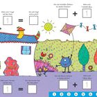 „1 addieren“, Vorschulmathe-Aufgabe. Haus mit buntem Dach, Vogel, Drachen, Bäume. Lücken zum Ausfüllen. Zahlen 1-10 unten.