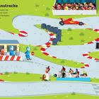 Text: „Auf der Rennstrecke. Wwrrruuum! Die Autos rasen die Rennstrecke entlang... Wer gewinnt das Rennen?“ Grafik mit Rennwagen.
