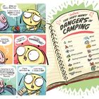 Links: Zwei Figuren sprechen über das Campen, eine ist skeptisch. Rechts: Liste über Gefahren beim Campen (z.B. Regen, Feuer).