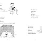 "Knock, knock. Who’s there? Farmer, Nana, Ken, Hurd. Illustration von Kindern, Fußballausrüstung, und ein Tor."