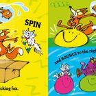 Text: "JUMP and SPIN like a frolicking fox. BOUNCE to the left and BOUNCE to the right."  
Illustration eines tanzenden Fuchses und Freunden, die auf Bällen hüpfen.