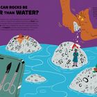 Titel: "HOW CAN ROCKS BE LIGHTER THAN WATER?" Menschen auf schwimmenden Bimsstein-Inseln auf blauem Wasser.